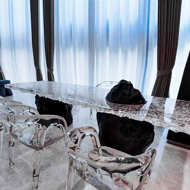 Transparent crystal tea table and chair combination, villa living room light luxury water ripple glacie