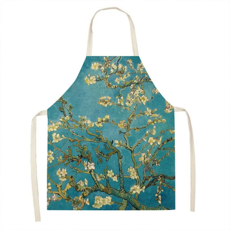 Creative Daisy Starry Sunflower Oil Painting Linen Apron Home Men\'s Cleaning Sleeveless Bib Kitchen Cooking Apron