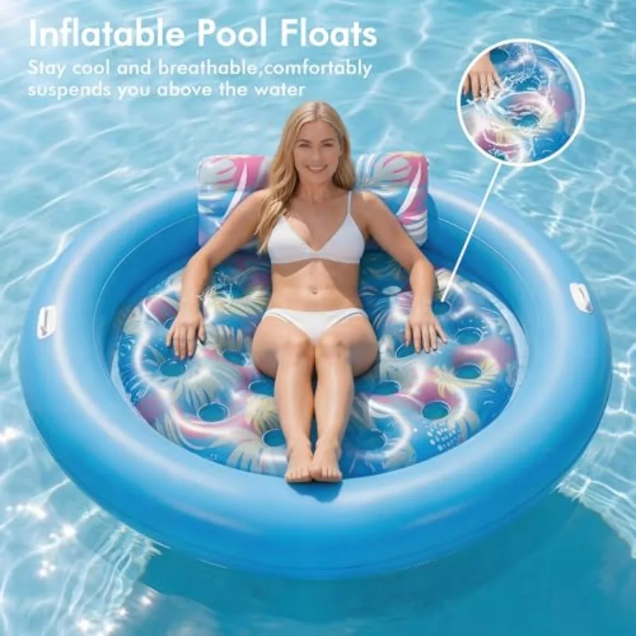 Inflatable Pool Floats for Adults, Heavy Duty PVC, Blue, 75x75 XL Size with 19 Cooling Vents, Removable Headrest and Grab Handl