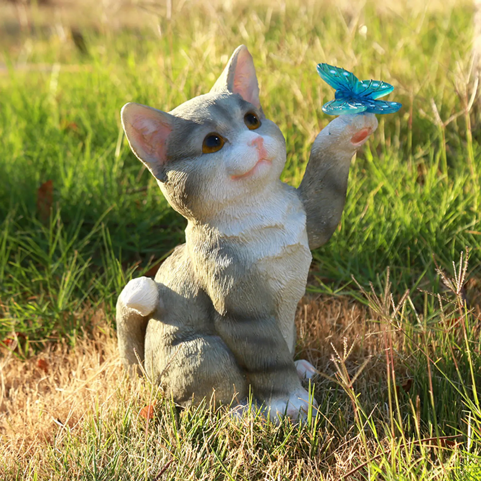 Outdoor Cat Sculpture Figurine Pendant Garden LED Solar Lights Cute Cat Animal Statue Sculptures for Landscape Yard