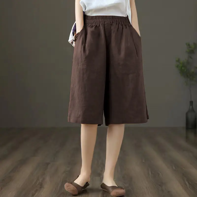 Women Summer Thin Simplicity Trend Loose Large Size Solid Color High Waist Wide Leg Women Clothes Casual Elegant Quarter Shorts