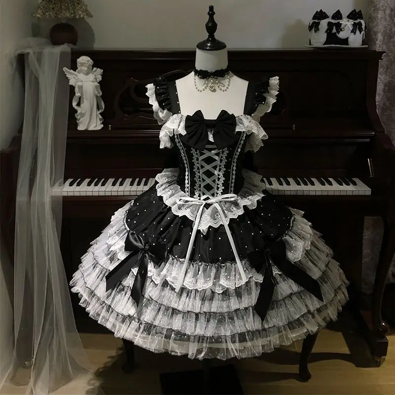 Japanese Lolita Kawaii Mini Dress Black Polka Dot Lace Up Multi Satin Bow Tiered White Lace Hem Party Dress Harajuku JKS New