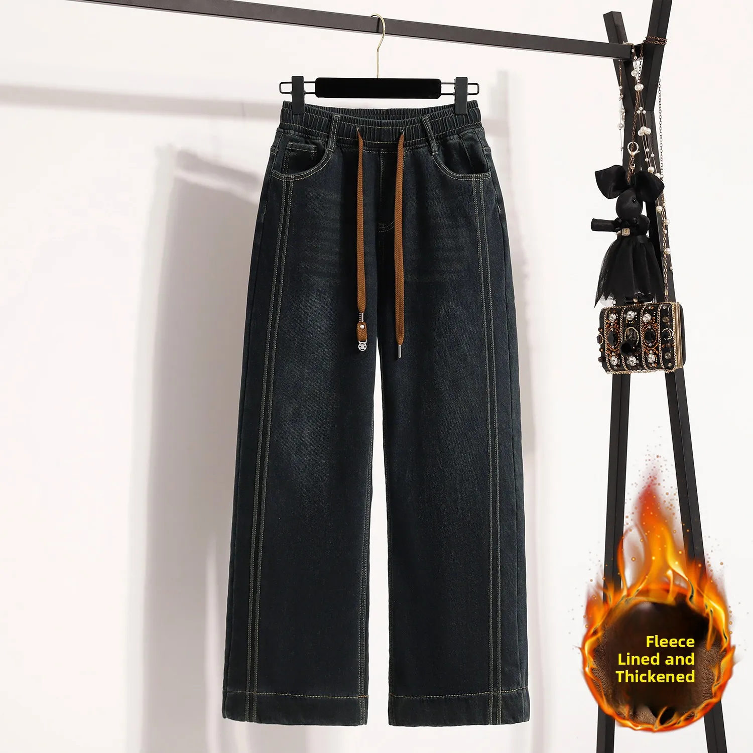 

Winter Thickened Fleece Lined Straight Leg Jeans High Waist Long Pants Elastic Wide Leg Trousers Pure Color Slim Fit Denim