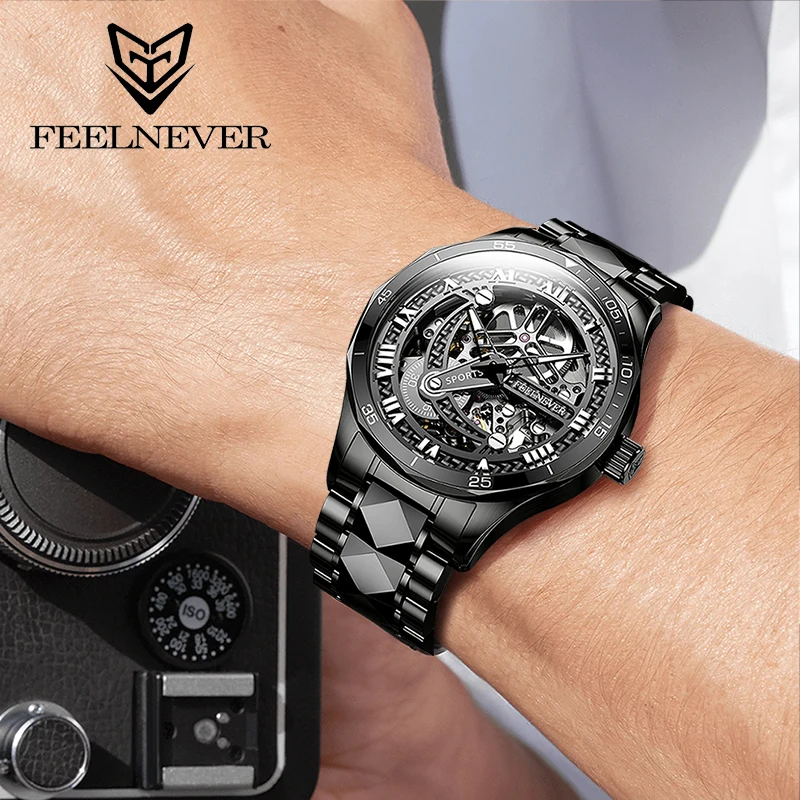 LIGE Brand FeelNever Fashion Luxury Mechanical Watches for Men Hollow Out Tungsten Steel Band Waterproof Automatic Man Watch+Box