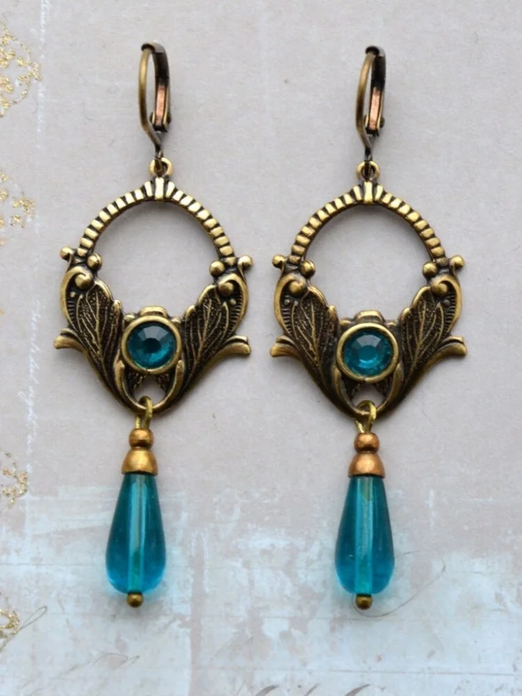 Vintage Bohemian Blue Gemstone Pendant with Long Earrings for Women Ethnic Style Metal Carving Plant Pattern Jewelry