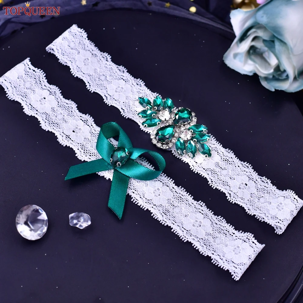 TOPQUEEN Sexy Thigh Garters Belt Green Rhinestones Luxury Lace Elastic suit leg ligueros wedding cinta liga porte jartelle ST61
