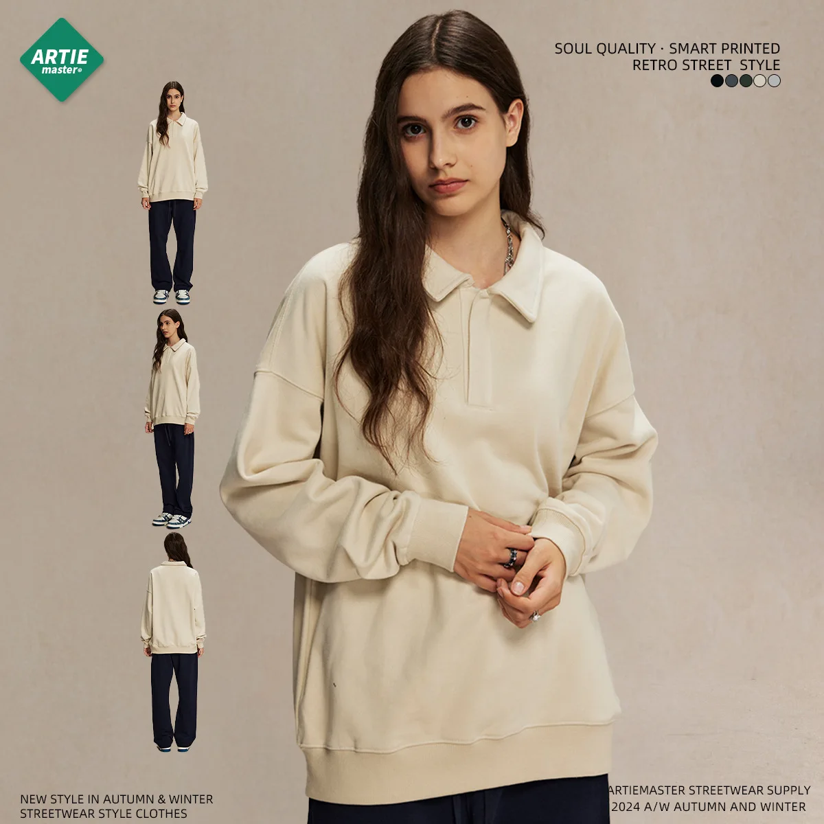 2025 340g/㎡ Women's Turn-down Collar Sweatshirt Autumn Winter Oversized Hooded Couple Loose Top Warm Sports Retro Pullovers