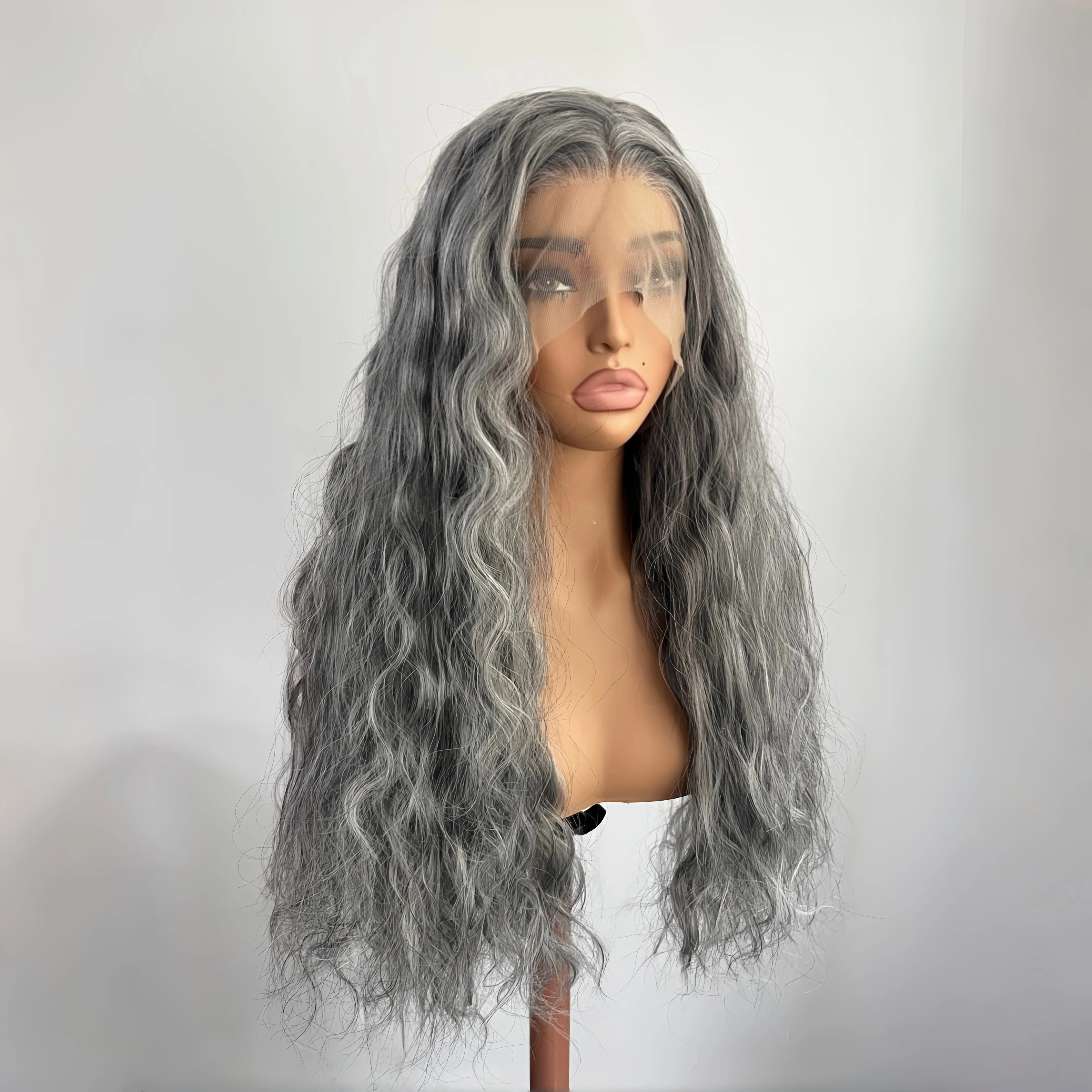 Long Silver Grey Water Wave Synthetic 13x4 Lace Front Wig for Women Free Part Silky Heat Resistant Fiber Wig Daily Party Cosplay
