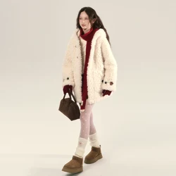 Retro Sweet Loose Lamb Wool Soft Glutinous Fur One Long-sleeved Hooded Cotton Square Collar Single-breasted Jacket Ms. Y2k