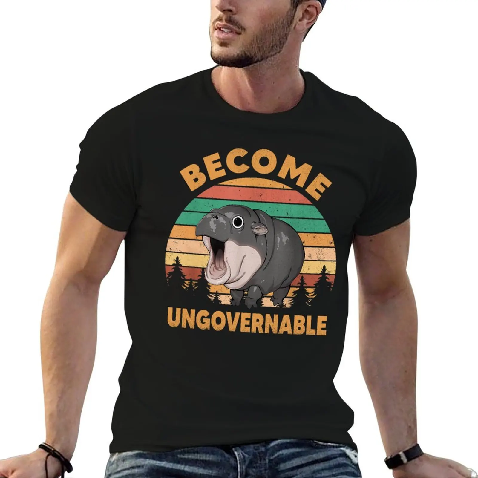 T-Shirt en coton pour homme, de luxe, drôle, en coton, avec image de hippopotame pygmée Moo Deng Baby