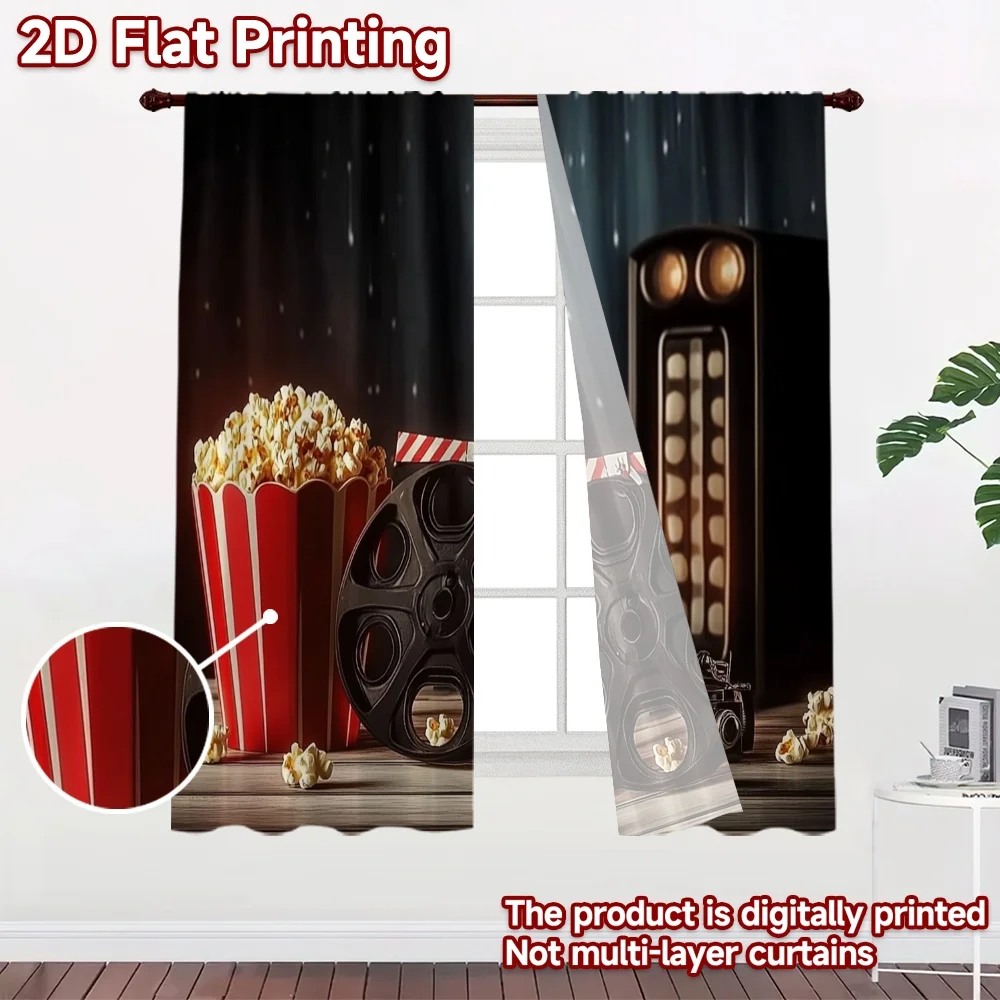 2D flat 2pcs Curtain Vintage drapes and curtains Movie Night Popcorn Reel Digitally printed polyester, colorfast Party & Holiday