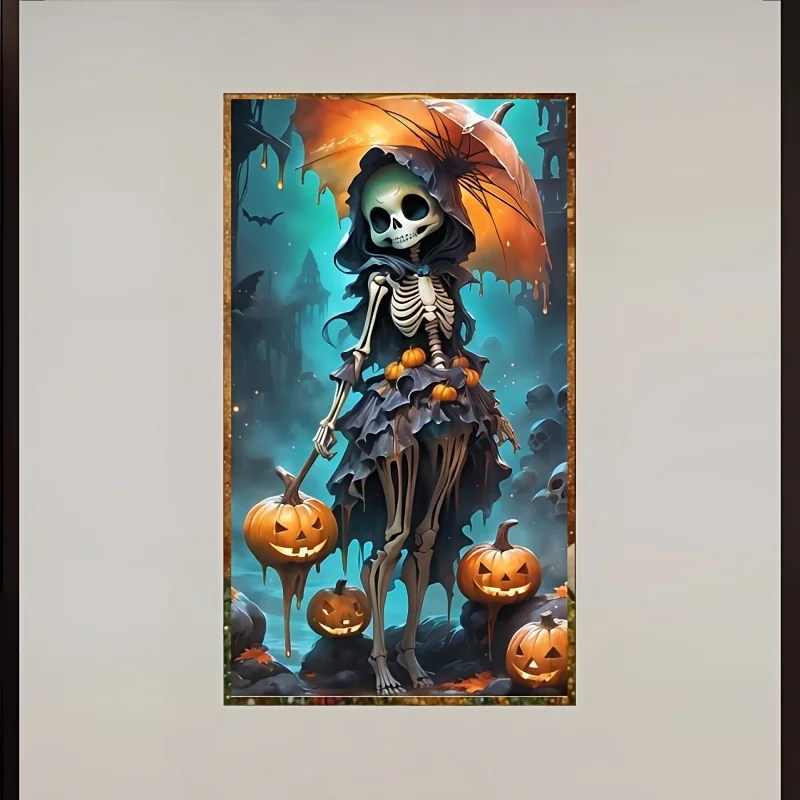 1 kit de pintura de diamante redondo completo 5D, diseño de tema de Halloween de calavera con linterna de calabaza, tamaño grande 15,75 pulgadas * 27,56 pulgadas y 19,68
