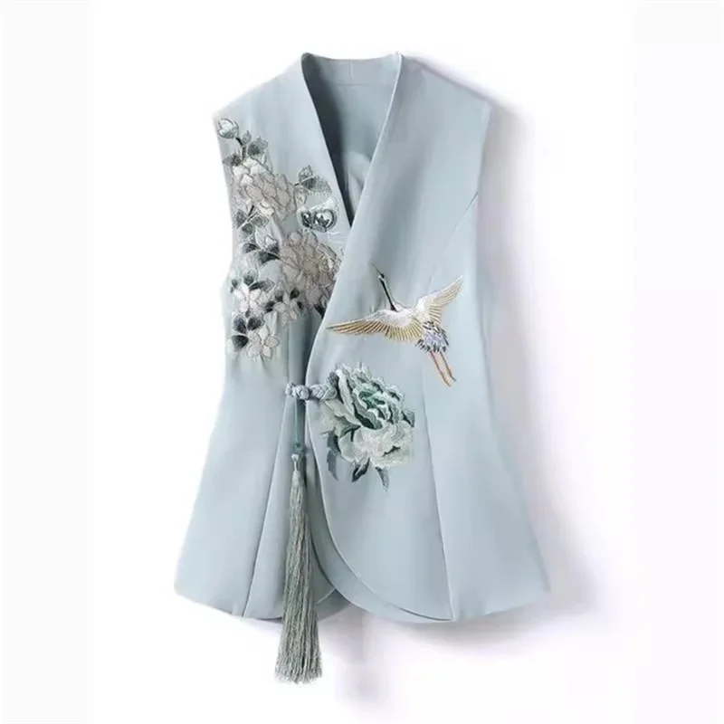 Gilet de Style Chinois pour Femme, Col en V, Broderie Phénix, Printemps 2024