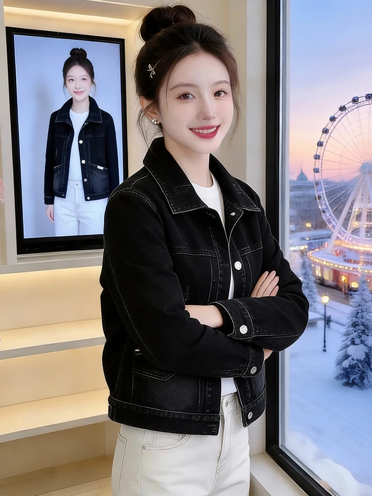 

Весна 2026: Женская классическая джинсовая куртка с отложным воротником, на одной пуговице, приталенная, укороченная, для повседневной носки