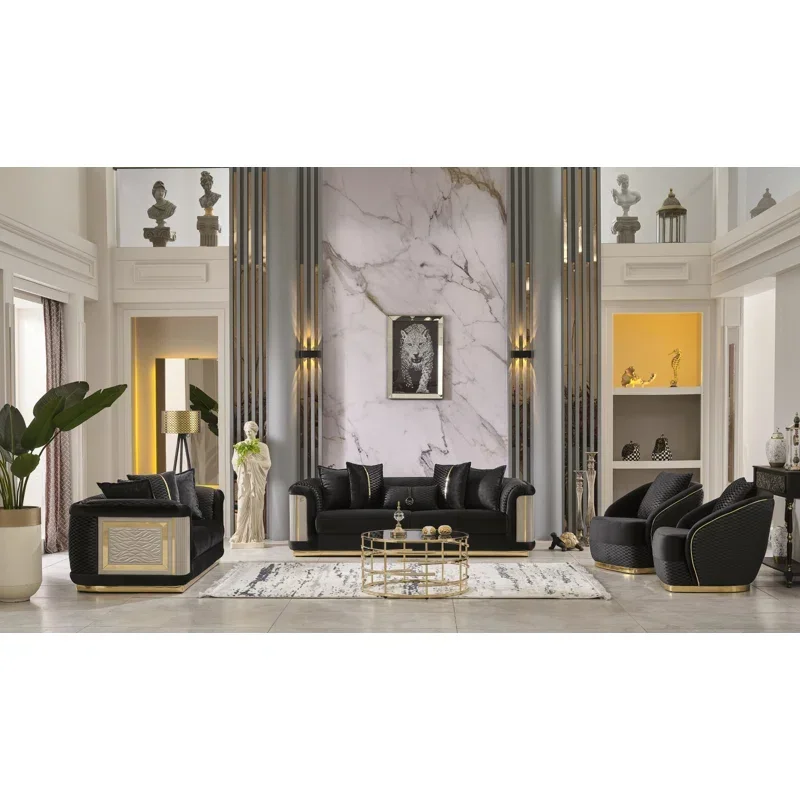 For Modern Stainless Steel Velvet Fabric Tufted Upholstery Loveseat Living Room Sofa Couch for Home Hotel Furniture