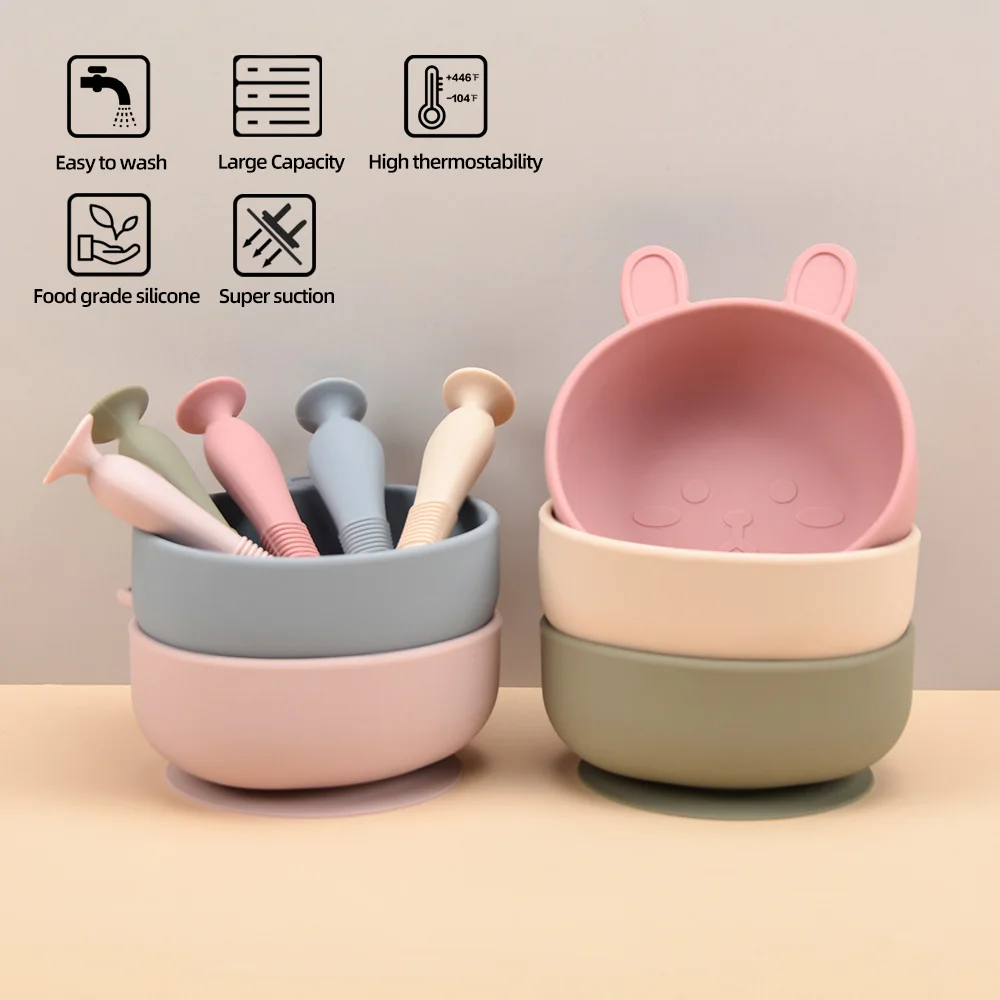 BPA Free Rabbit Silicone Bowl for Baby Silicone Baby Feeding Bowl Tableware Waterproof Spoon Non-Slip Crockery Bowl