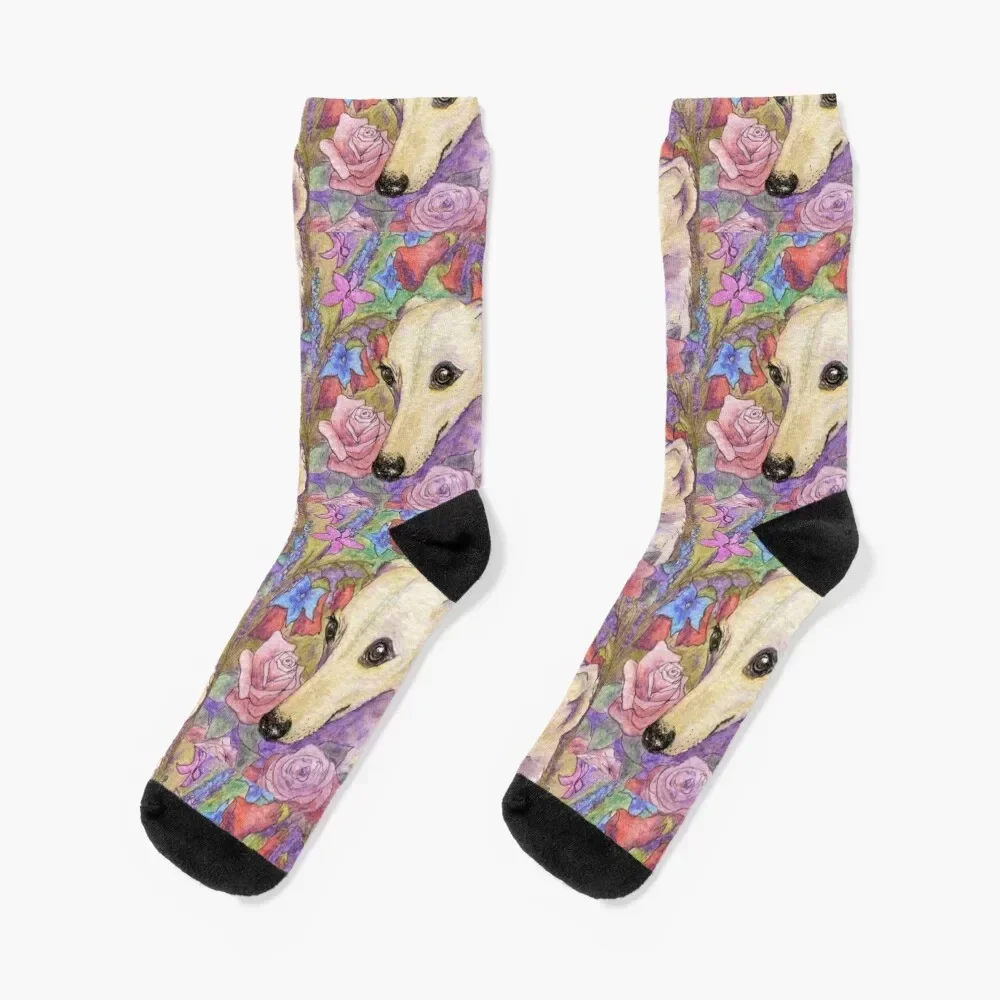 Shy flower whippet greyhound dog hiding in the garden Socks hockey Sports cotton halloween Socks For Girls Men's