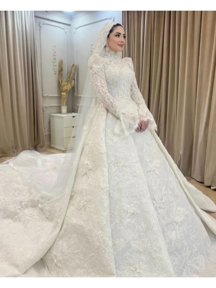 Customized 2026 White Muslim Style Wedding Dress With High Neck Long Sleeved Satin Appliqu É D Lace Decoration Vestido De Novia