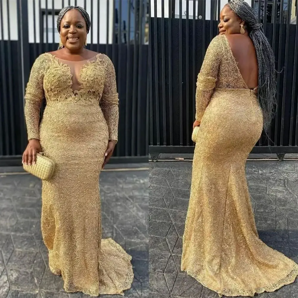 

African Gold Lace Mermaid Evening Dresses Women Elegant Plus Size Prom Dress Appliques Long Sleeves Soop Neck Formal Party Gowns