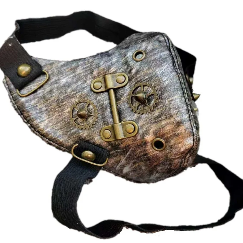 Masker Punk Rock Kulit PU Antik Pria Wanita Cosplay Pesta Sejuk Wanita Peredam Mulut Halloween R3054