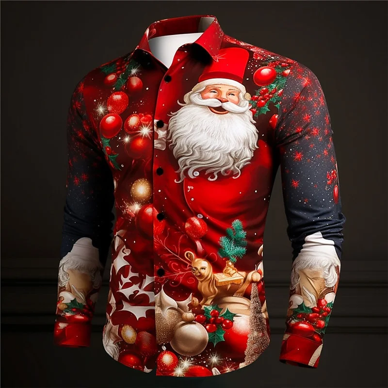 2026 Moda Natale a tema 3D stampato camicia casual a maniche lunghe da uomo Street Wear Camicia da festa Camicia da Babbo Natale Vendita calda