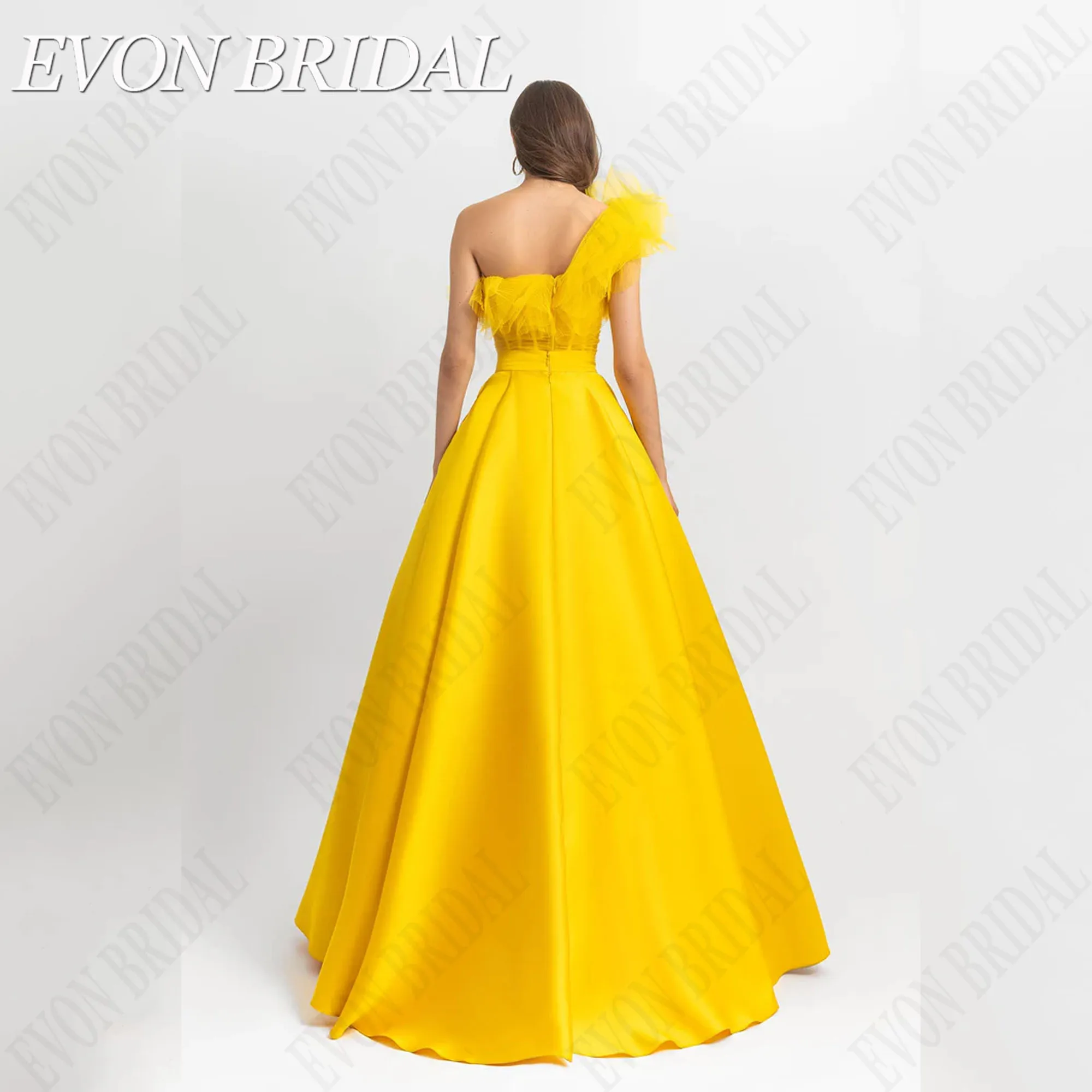 EVON BRIDAL One Shoulder A-Line Evening Gown Sleeveless Yellow Satin Celebrity Dress Floor Length vestidos de ocasião Customized