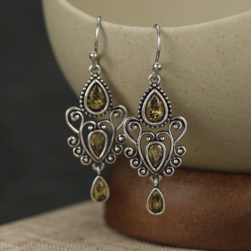 Women's vintage Hollowed Out Curled Earrings Three Layer Water Droplet Synthetic Zircon Pendant Design Bohemian Style Accessory