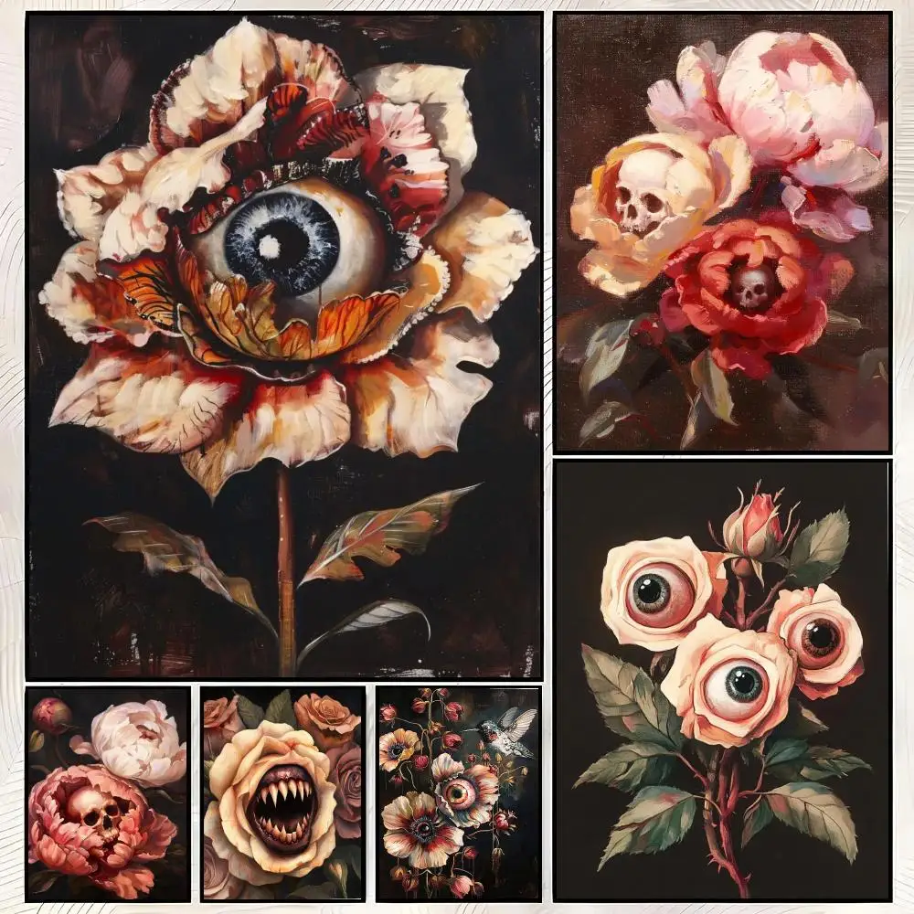 Surreal Skull Flower Gothic Plant Floral Eyeball Rose Poster Self-adhesive DIY Room Home Living Room Club Wall Decor Gift