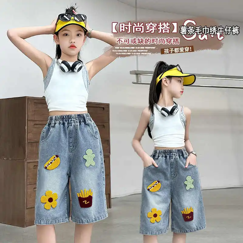 

Летние джинсовые шорты для девочек, бриджи для верховой езды с героями мультфильмов, подходят для подростков 7-14 лет, летние брюки средней длины для модниц