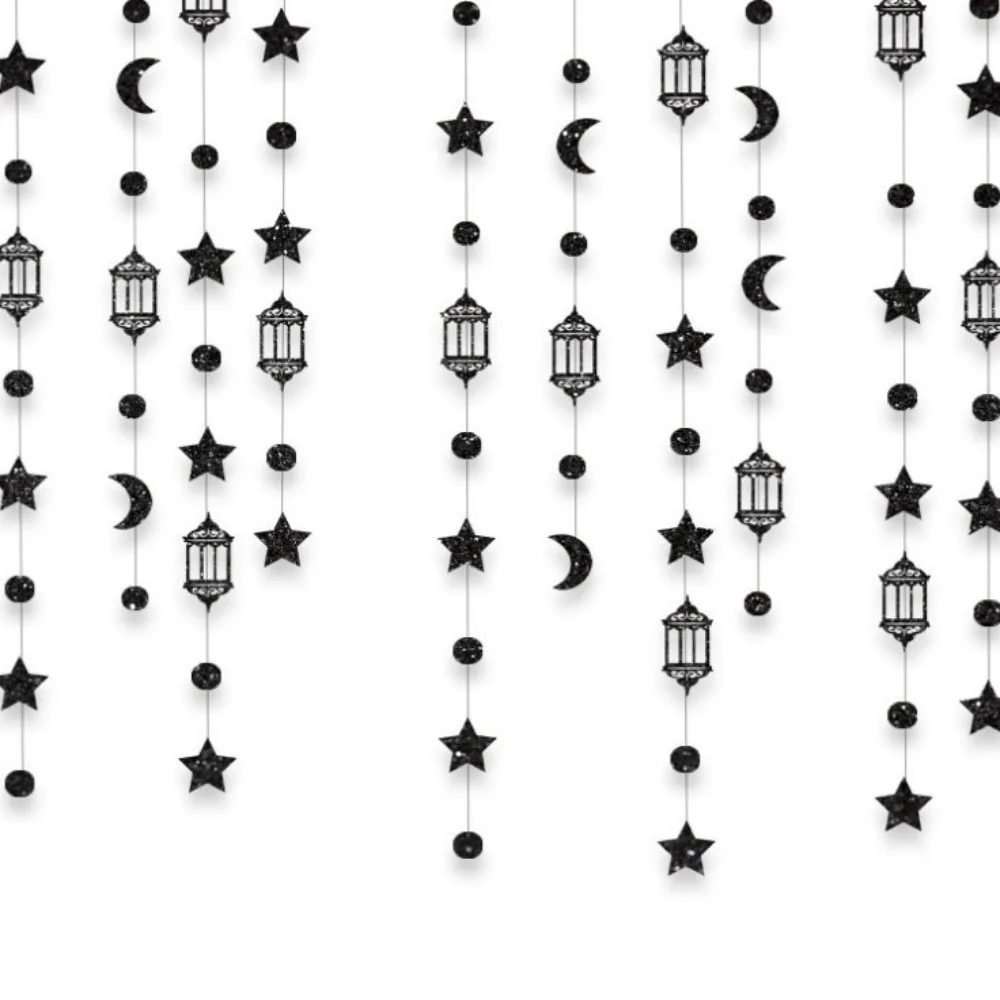 Gold Silver Eid Mubarak Banners DIY Paper Pull Flag Ramadan Kareem Decor Ceiling Hanging Glitter Paper Star Moon Lantern