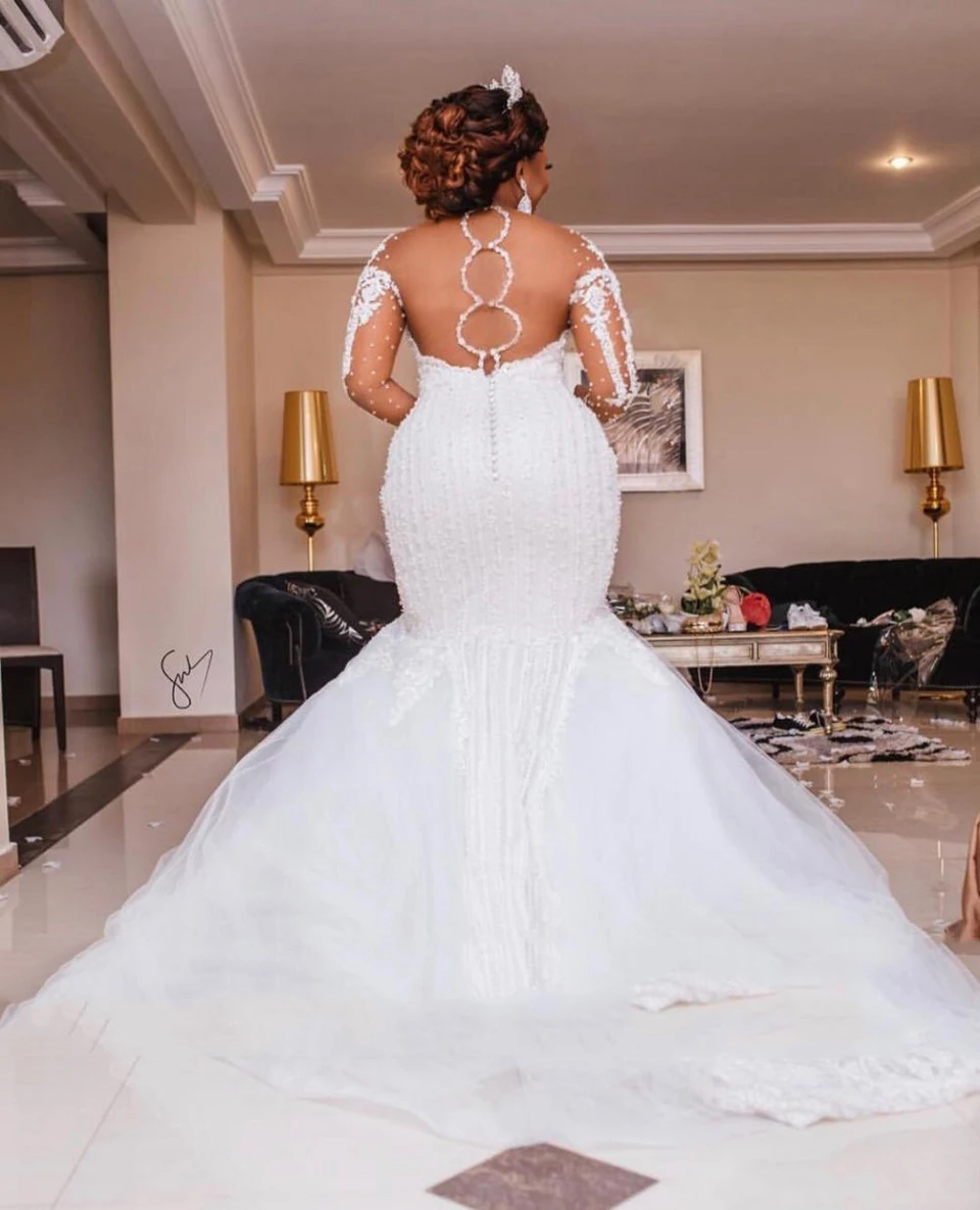 2023 Luxury Elegant Beading Mermaid Wedding Dress Long Sleeves Appliques Plus Size Bridal Gown Vestido De noiva