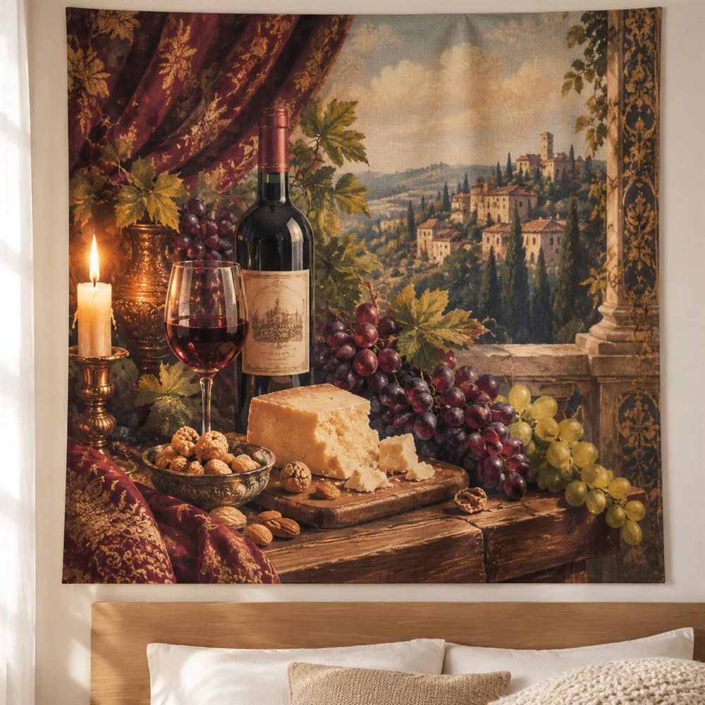 VIKAMA Wine and Cheese Still Life Tapestry Wall Hanging, European Wall Art Tapestries for Bathroom Bedroom Living Room Entryway