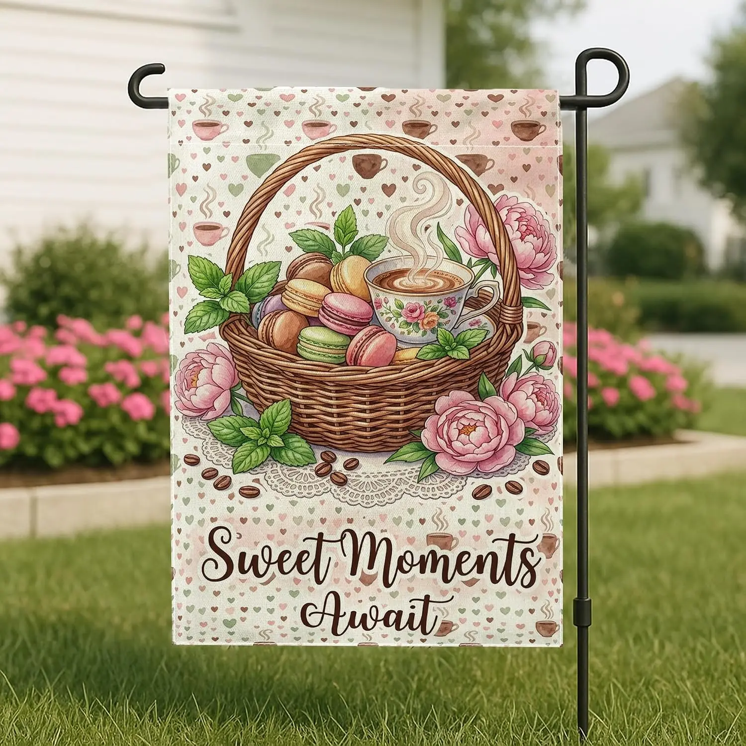 Basket Garden Flag, Spring Vintage Macarons Peonies Spring Peach Double Sided Burlap Decorative Outside Flags for Outdoor La kkz
