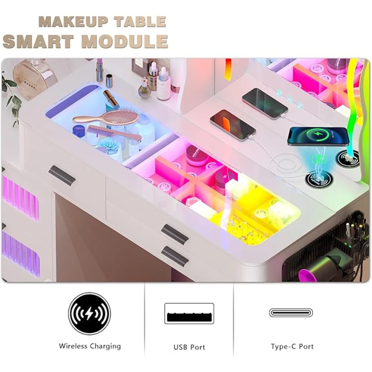 RGB Makeup Vanity Desk w/Wireless Charging Station,7 Dynamic & 7 Static Dimmable Vanity Table w/Glass Desktop,with Stool