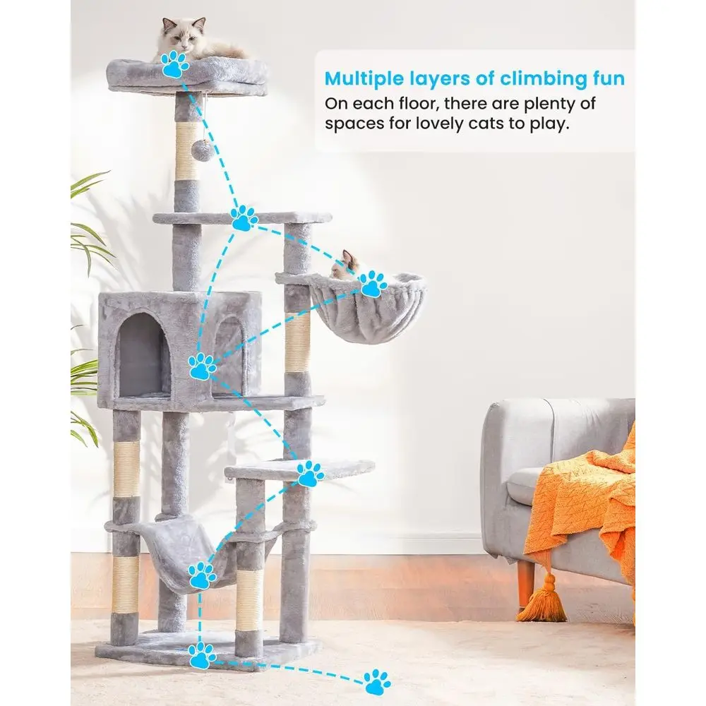 Indoor Multi-Level Cat Tree with Large Hammock, Sisal Scratching Posts, and Top Perch, Light Gray