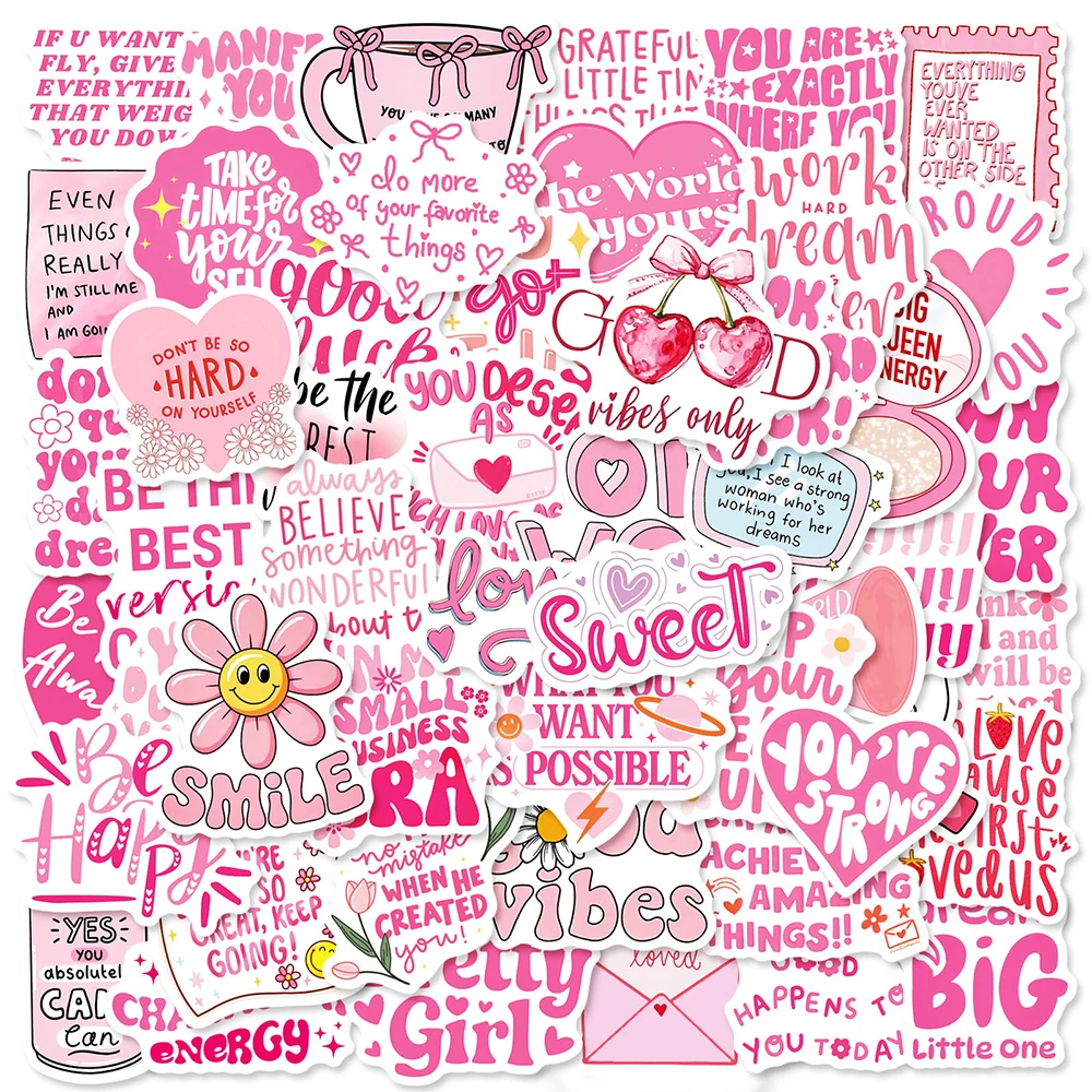 

10/30/50pcs Cute Pink English Motivational Phrase Stickers Cartoon Graffiti Decals Scrapbooking Luggage Phone Sticker Kids Toy