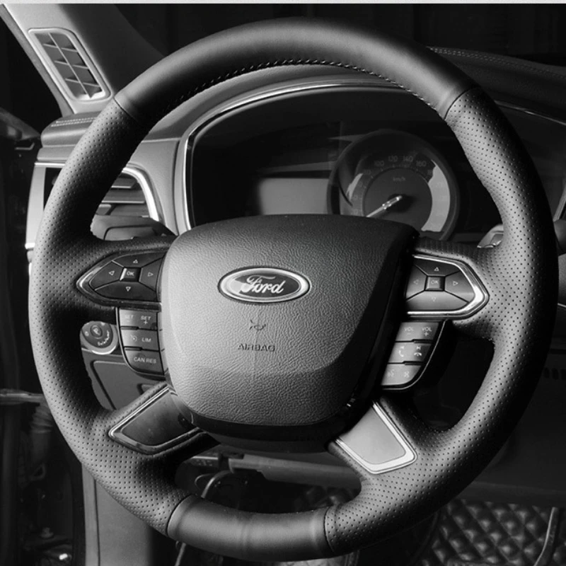 For Ford Taurus 2015-2019 Hand Stitched non-slip black Genuine Leather Car Steering Wheel Cover