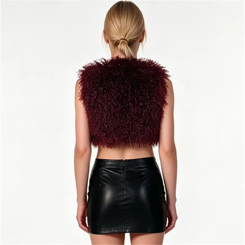 Women's Faux Sheep Fur Vest Short Plush Autumn Winter Fashion Wolf Pattern Fox Fur Vest Mongolia Grass Pattern