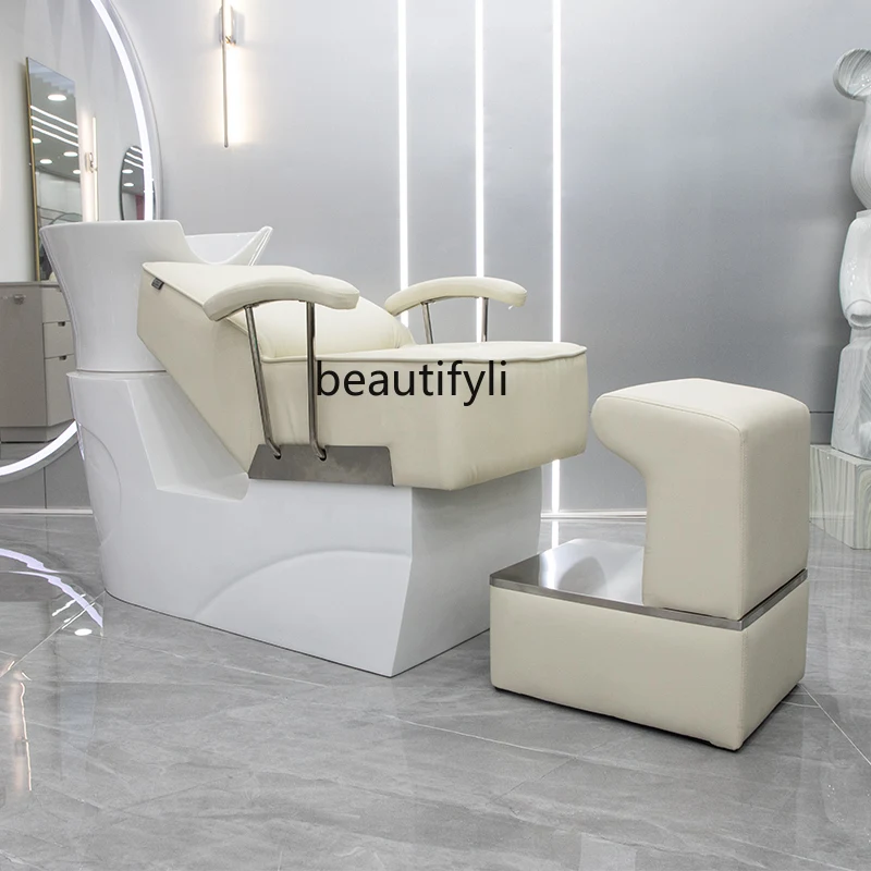 Tumbado medio champú silla salón de pelo dedicado lavado cama sofá de masaje de pelo salón de belleza lavabo de cerámica