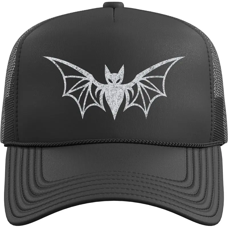 Distressed Bat Silhouette Gothic Halloween Horror Design Trucker Hat with Adjustable Mesh Back