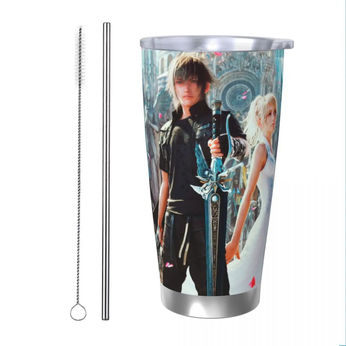 F-Final-Fantasy-XV 20oz Stainless Steel Car Mug Straw Thermal Iced Travel Cup Vacuum Insulated Coffee Hot Cup