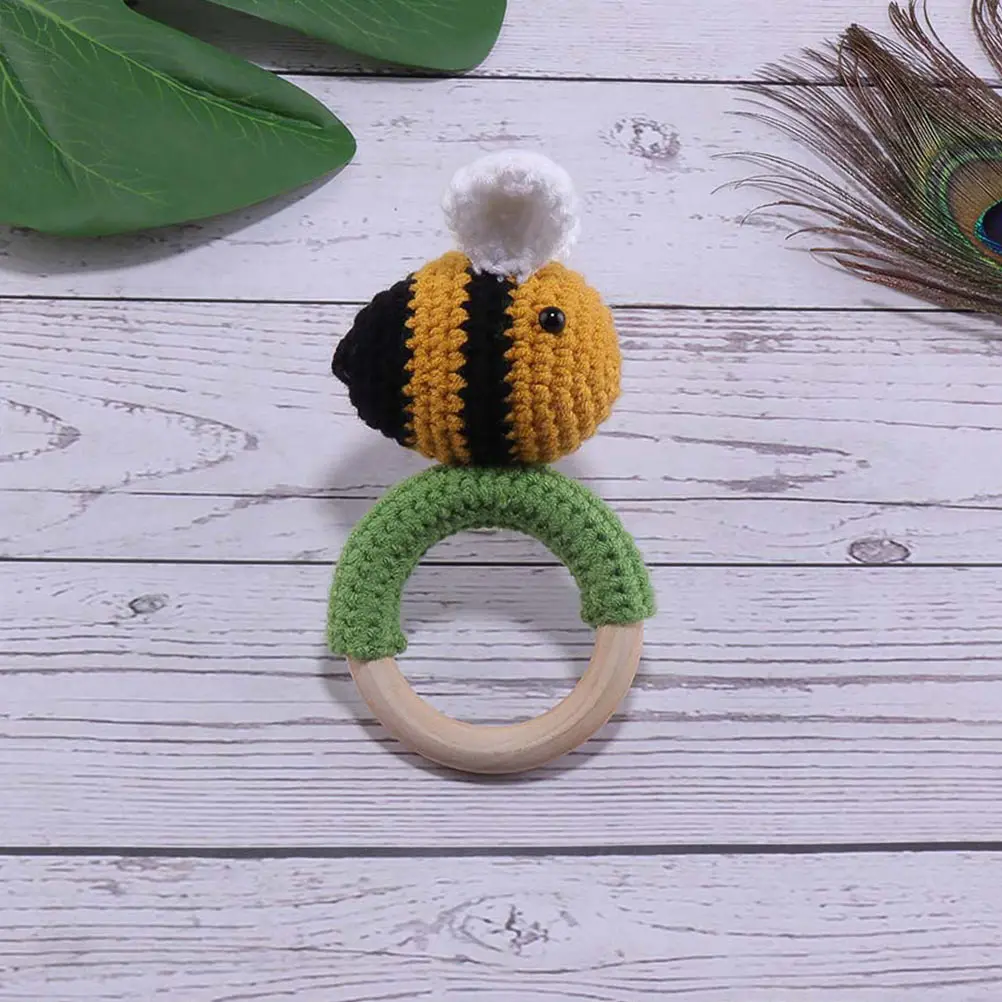 

Yellow Knitting Plaything Toddler Toys Infant Molar Soothing Small Bee Bell Wooden Kids Wear Resistant