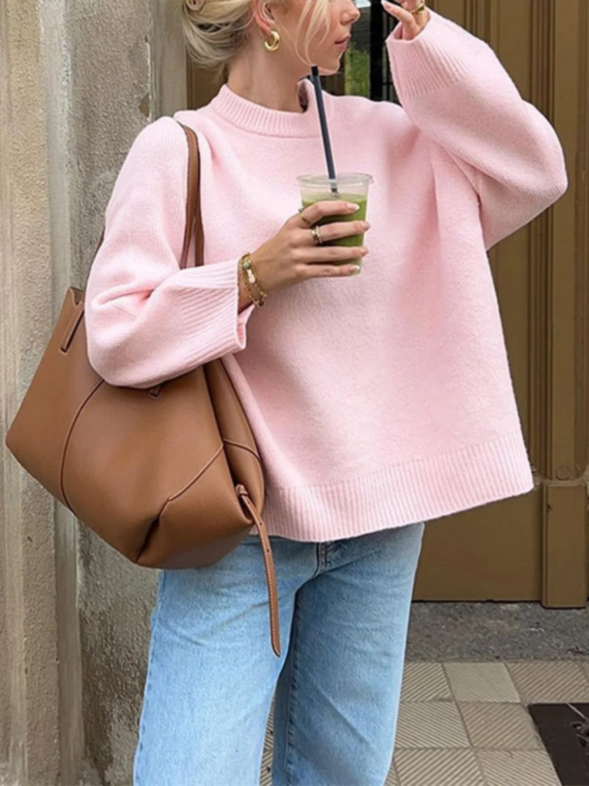 

Sweet Pink round Ne Pullover Sweater Winter New Sle Long Sve Knitted Top for Young Women Commute Sle Faion
