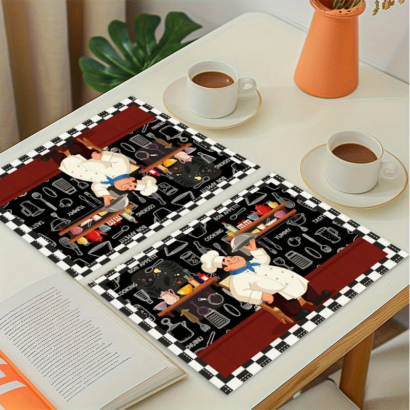VIKAMA Cartoon Chef Checkered Placemat, Heat-Insulating, Universal Placemat for Restaurant & Cafe