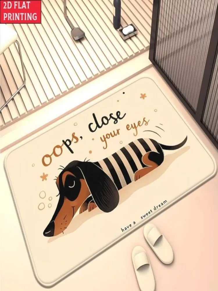 Cartoon Sausage Dog Tufted Bath Doormat, Adorable Sleepy Dachshund With Letter Pattern Fluffy Absorbent Floor Rug, Rubber Back N