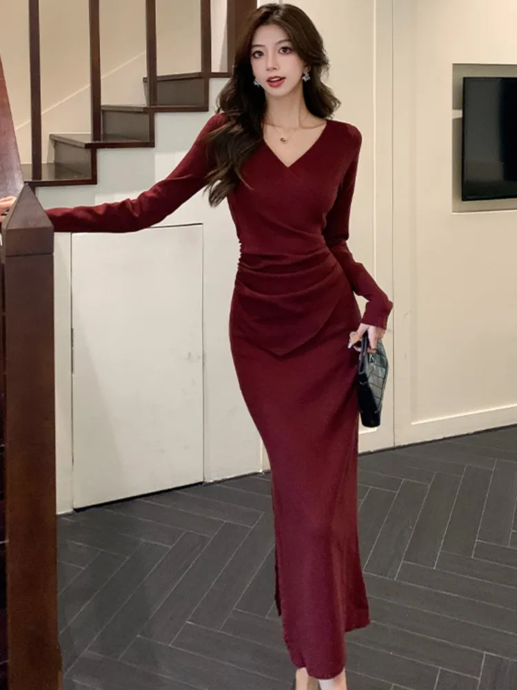 Elegant Solid Knitted Dress for Women Autumn V-Neck Long Sleeve Bodycon Evening Party Dresses Female Slim Waist Vestidos Mujer