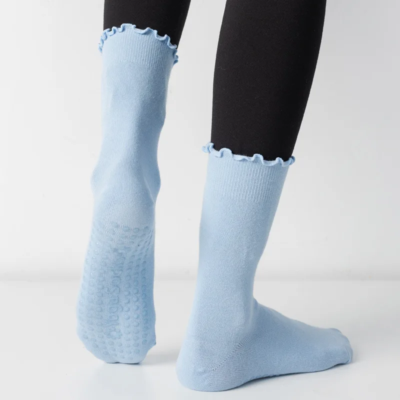 3 Pairs Ruffle Yoga Socks for Women Pure Cotton Mid-Calf Solid Color Non-Slip Pilates Socks Breathable Sport Fitness Floor Socks