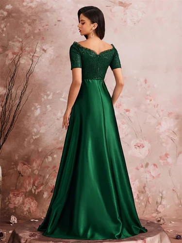 Imagen 2 del producto Vestido de noche de satén verde de lujo con cuello en V, vestido de cóctel largo hasta el suelo para fiesta de boda y graduación, vestido con hombros descubiertos
