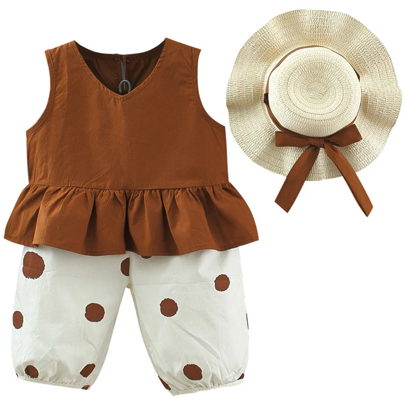 

3PCS Summer Toddler Girl Outfits Set Newborn Clothes Korean Fashion Cute Dot Cotton Baby Tops+Pants+Sunhat Kids Clothing BC1359