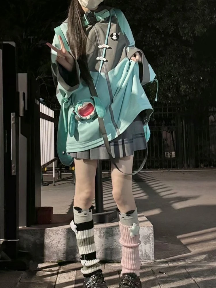 Y2K Punk Japanese Harajuku Subculture Women Contrast Color Hooded Jacket Buckle Cargo Pocket Oversized Loose Fit Casual clothes